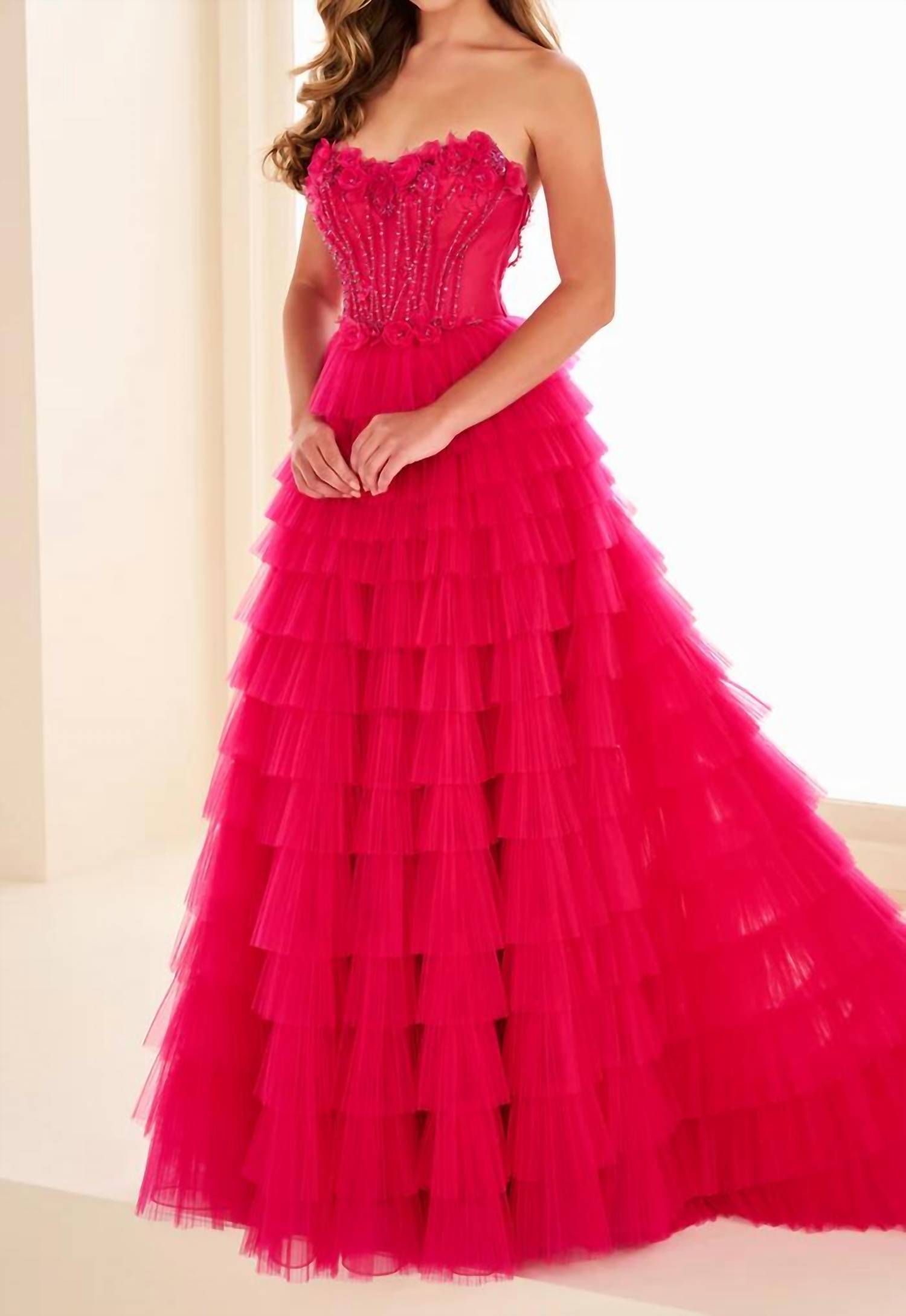 Ellie Wilde - Beaded Corset Scoop Ruffle Dress