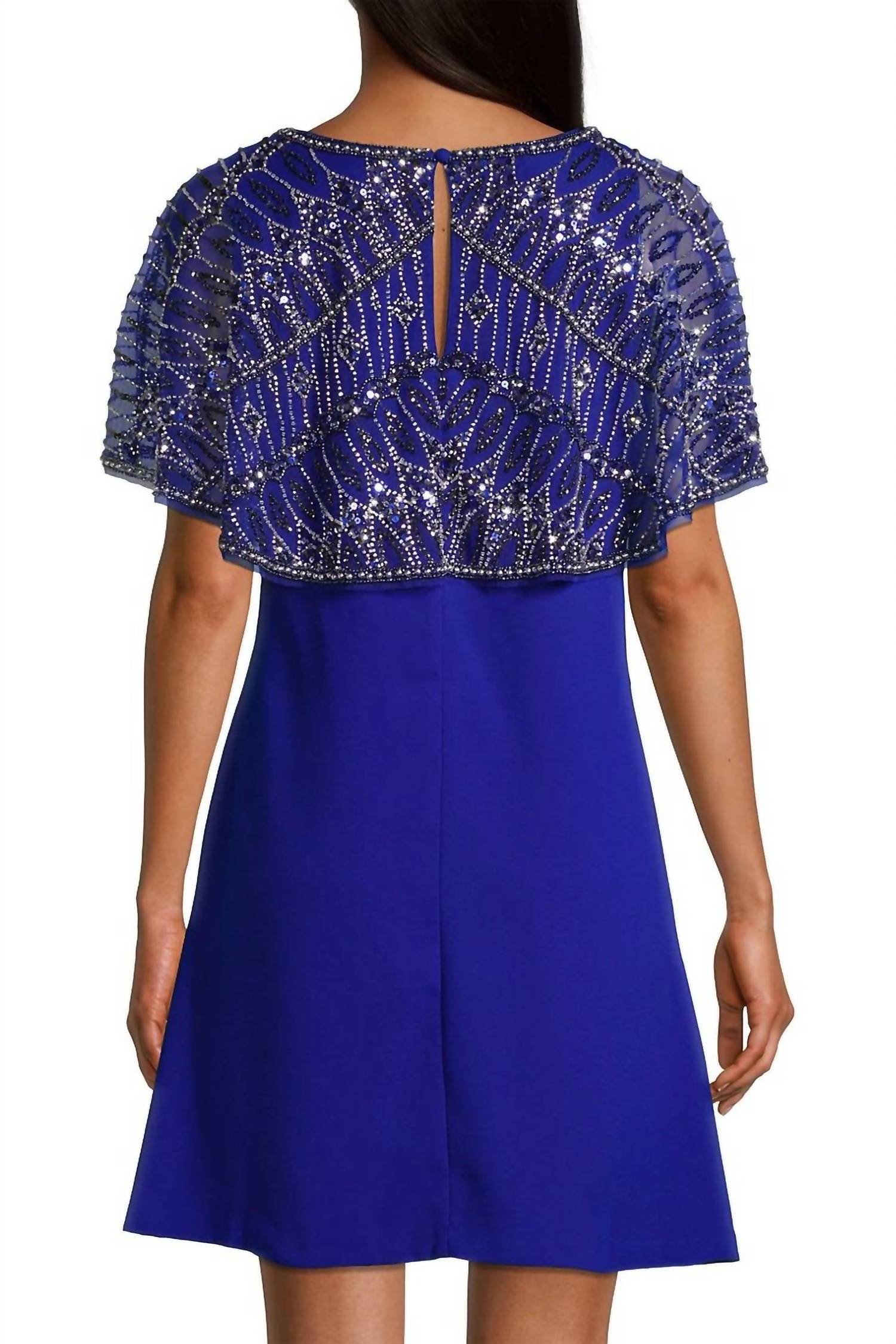 Aidan Mattox - Boat Neck Embellished Mesh Cape Scuba Dress