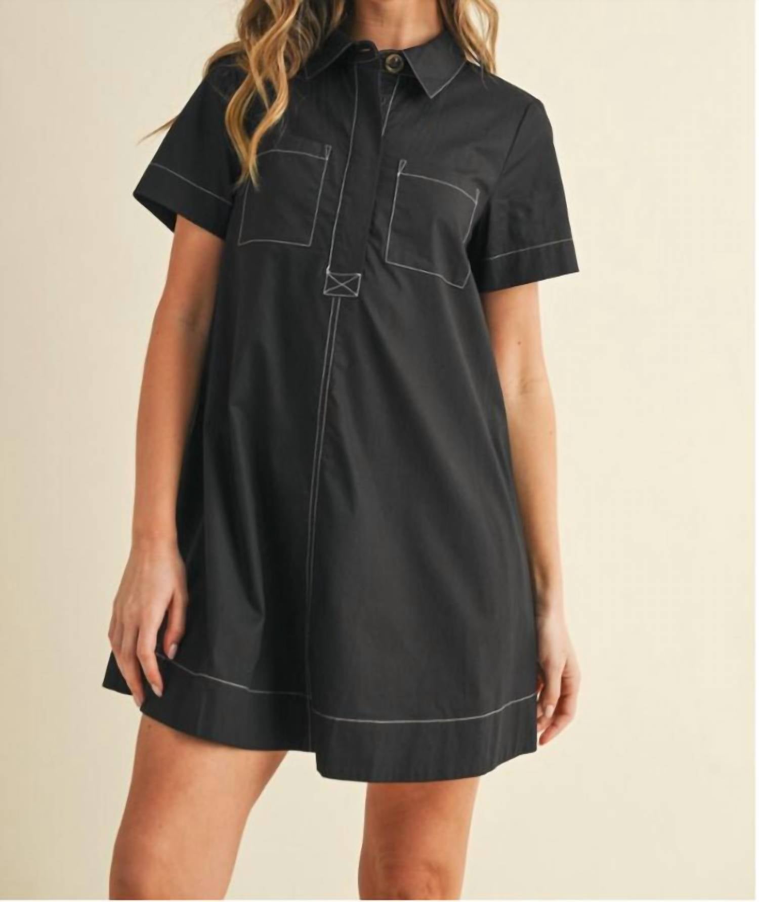 TCEC Raven Shirt Dress With Stitch Contrast in black - women's dress