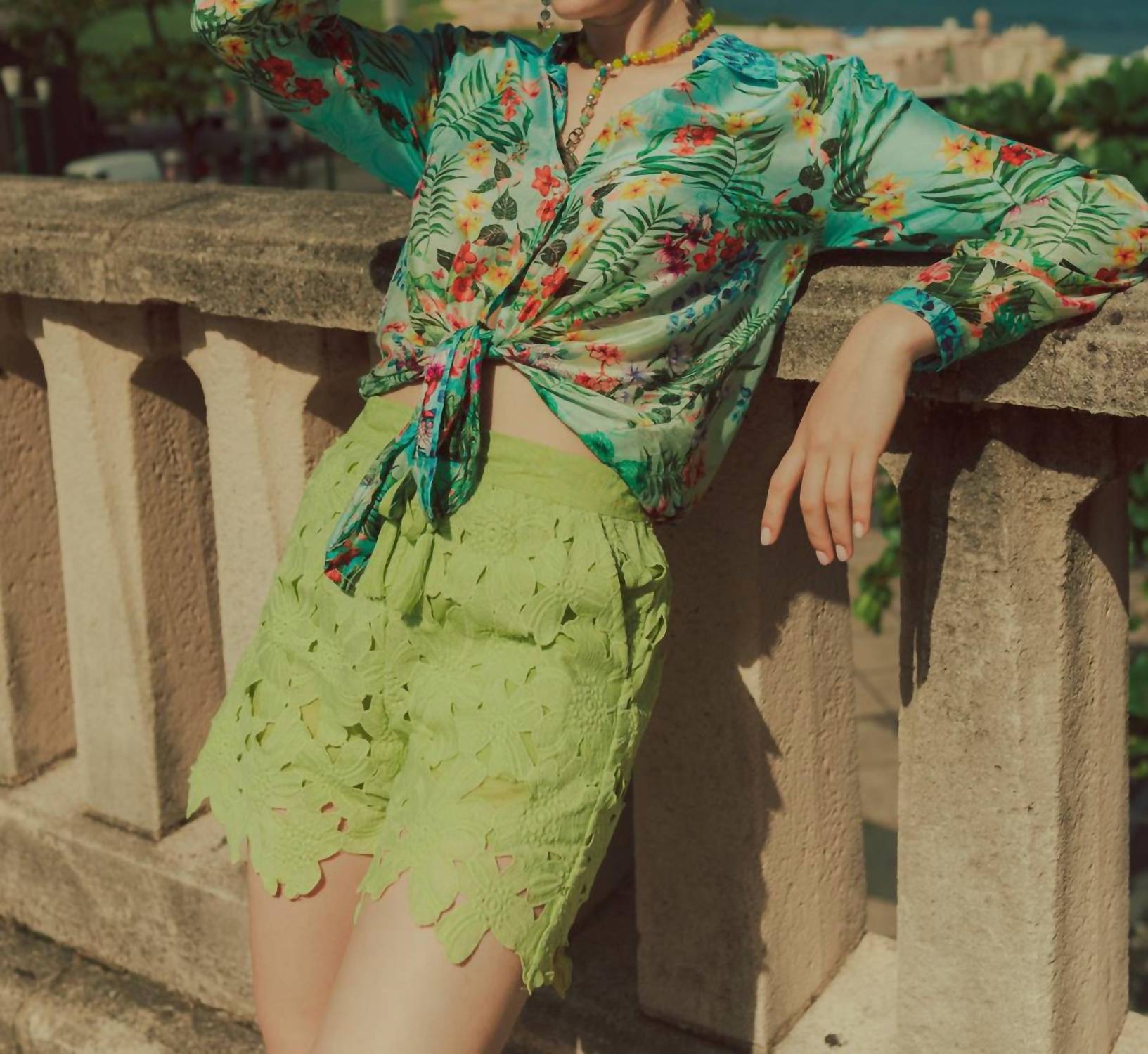 AMERICA & BEYOND Floral Lace Shorts in neon green - women's shorts - detail view