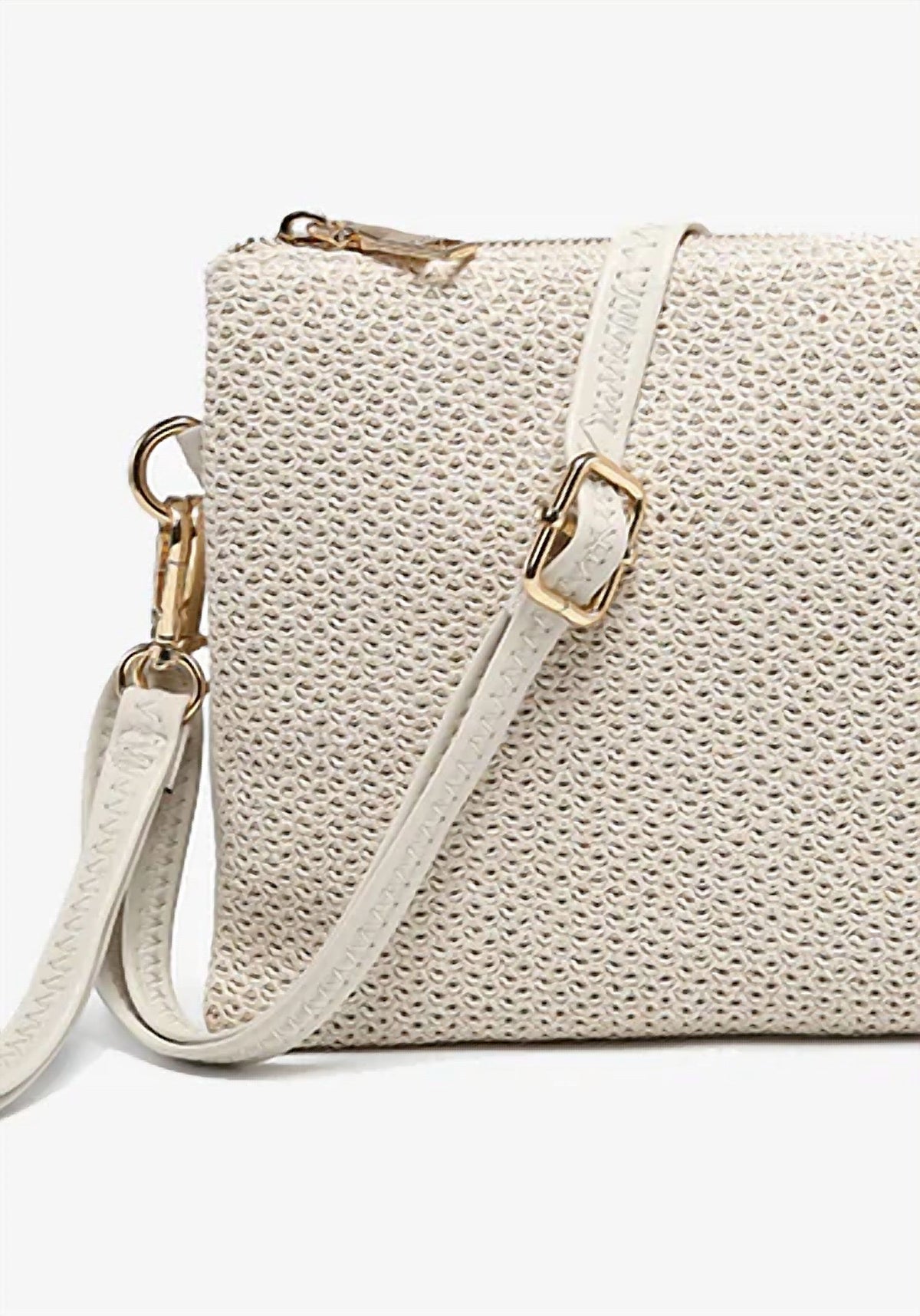 Jen & Co. Women's Izzy Vegan Straw Crossbody Handbag in off white - women's bag - detail view