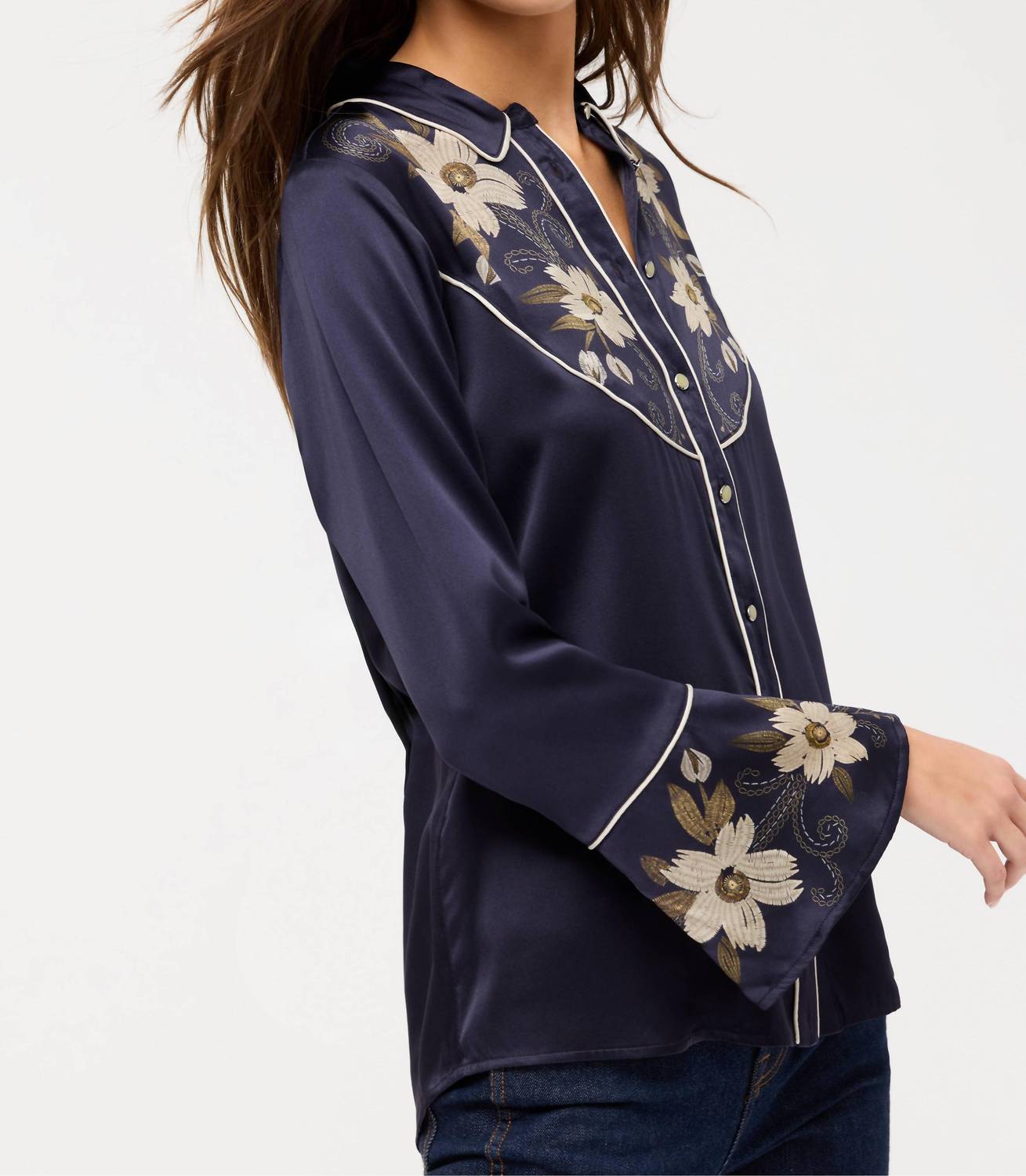 Johnny Was Women's Western Flutter Sleeve Blouse in navy - women's shirt - alternate view
