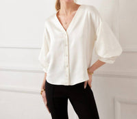 Karen Kane Lantern Sleeve Crystal Rhinestone Button Satin Top - Petite in cream - women's blouse - view 5