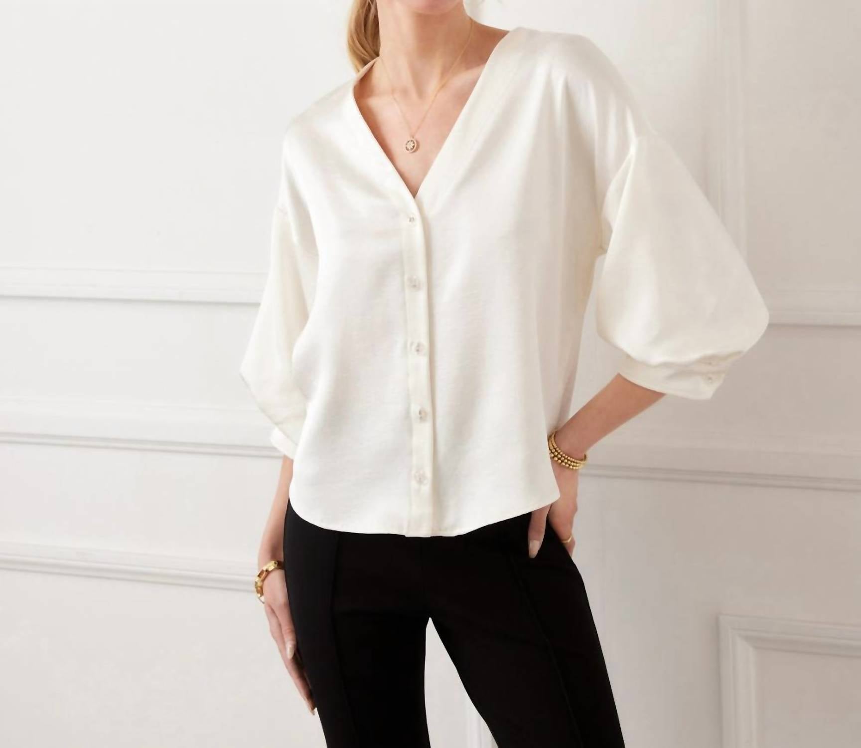 Karen Kane Lantern Sleeve Crystal Rhinestone Button Satin Top - Petite in cream - women's blouse - view 5