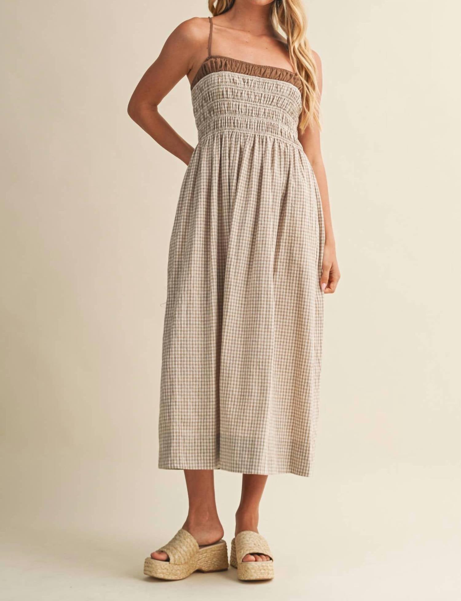 Mustard Seed Sunlit Meadow Smocked Gingham Midi Dress in brown - women's dress