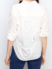 CHARLIE B Heart Textured Roll Up Button Down Blouse in white - women's blouse - detail view