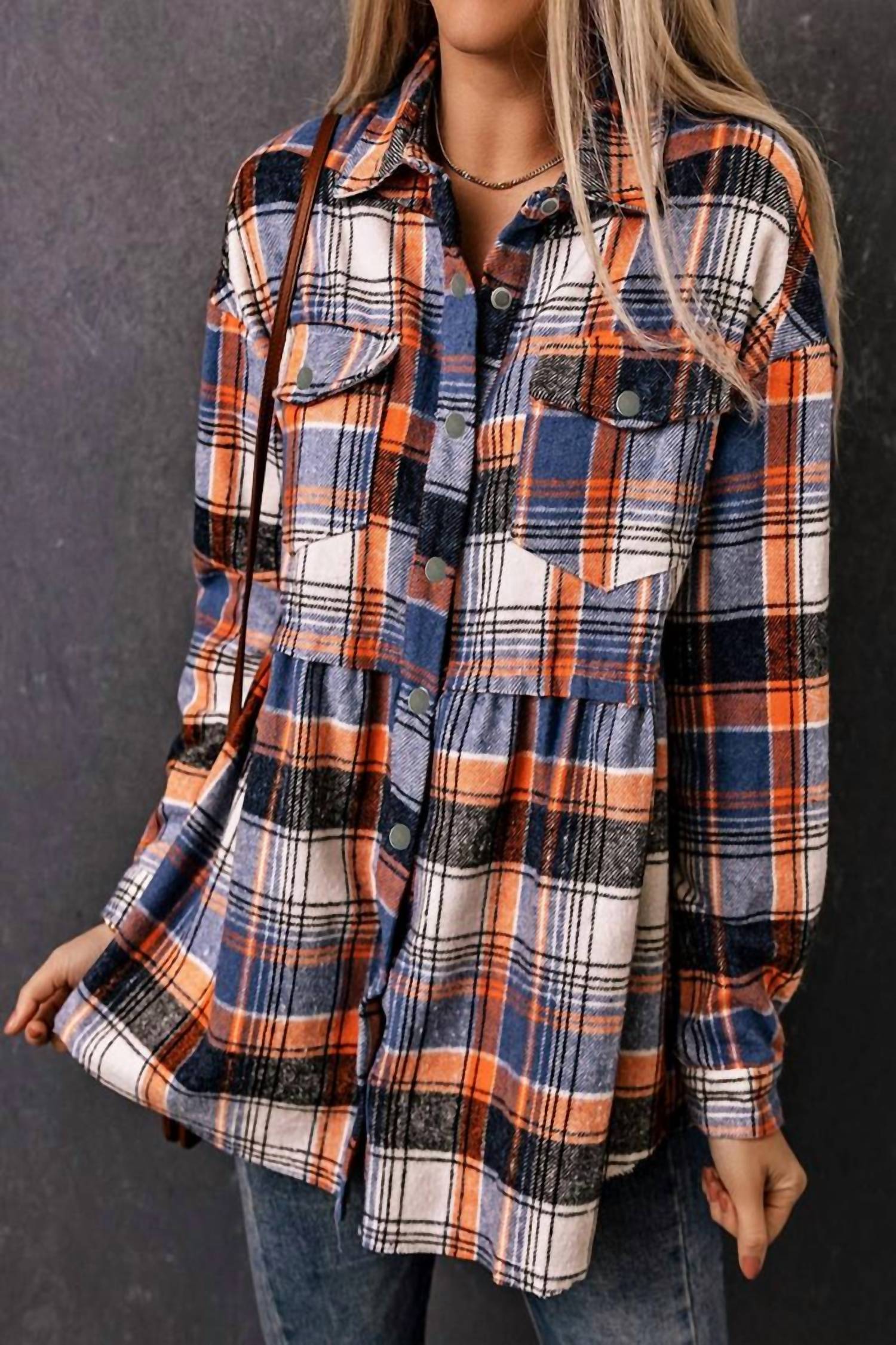 Shiying Fashion - Plaid Ruffled Shirt Jacket