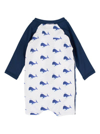 RuffleButts Kid's Whale Long Sleeve One Piece Rash Guard in blue - kids' item - detail view