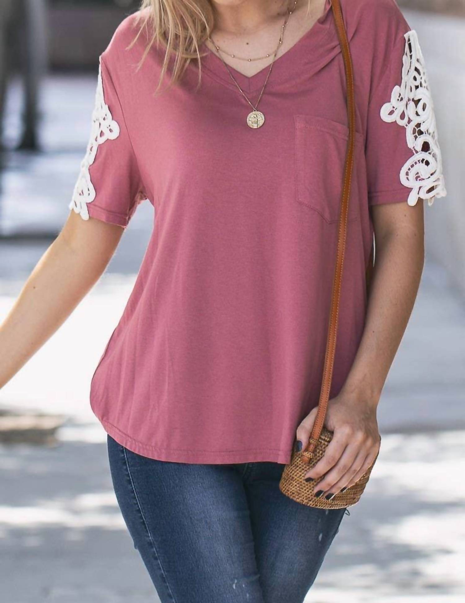 And The Why - Lace Sleeve V Neck Pocket Top