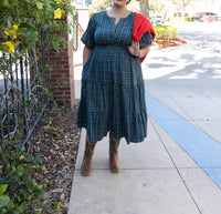 She + Sky - Puff Sleeve Woven Plaid Midi Dress - Plus