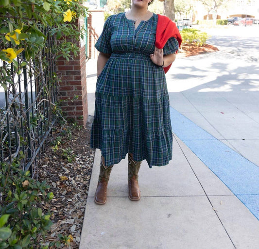 She + Sky - Puff Sleeve Woven Plaid Midi Dress - Plus