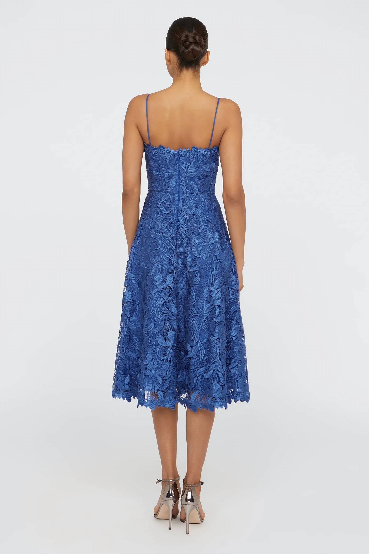THEIA Ainslie Lace Midi Cocktail Dress in blue mirage - women's dress - detail view