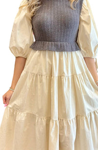 Ces Femme Ellie Mixed Media Tiered Midi Dress in grey cream - women's dress - alternate view