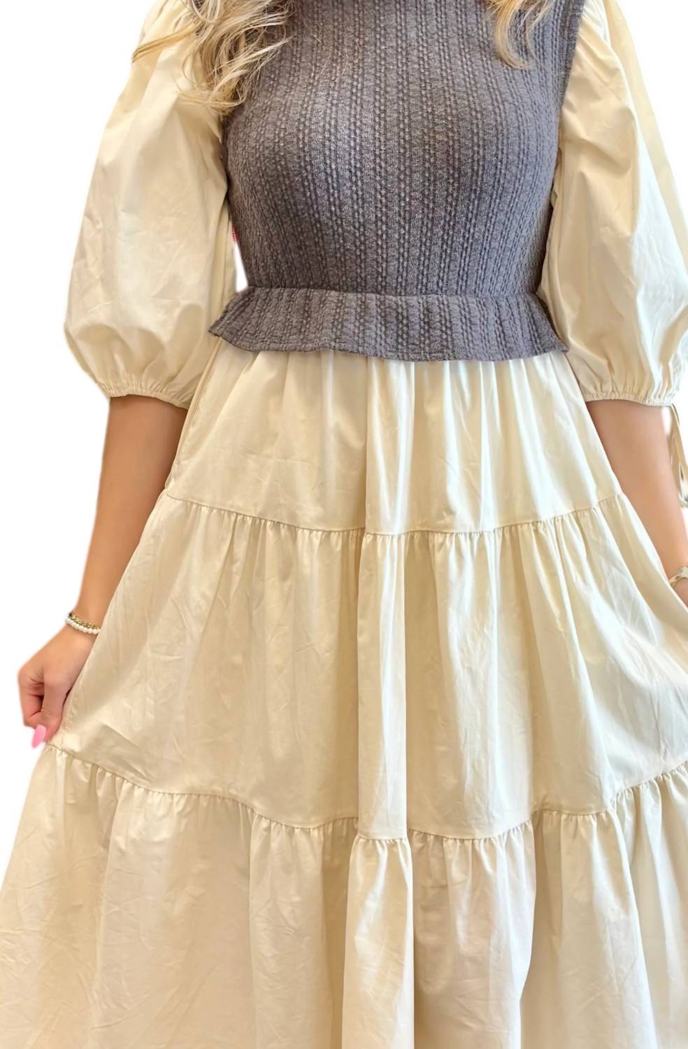 Ces Femme Ellie Mixed Media Tiered Midi Dress in grey cream - women's dress - alternate view