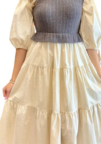 Ces Femme Ellie Mixed Media Tiered Midi Dress in grey cream - women's dress - detail view