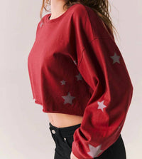 Chaser Distressed Stars Long Sleeve Top in carmine red - women's long sleeve top