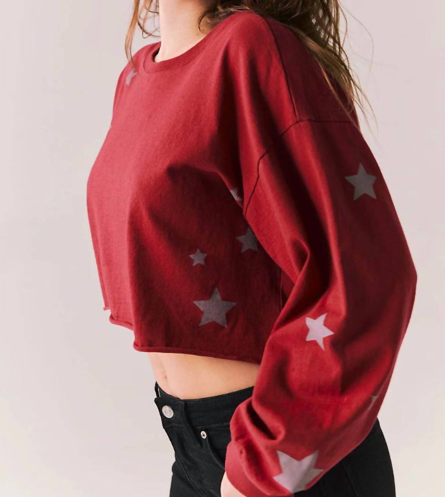 Chaser Distressed Stars Long Sleeve Top in carmine red - women's long sleeve top