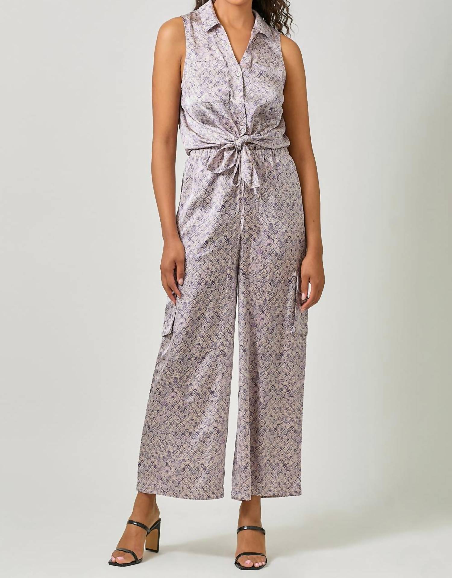 Mystree - Satin Printed Wide Leg Cargo Pants