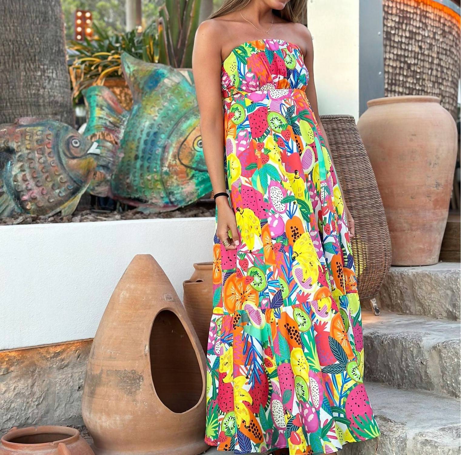 Vilagallo Strapless Fruit Maxi Dress in frutas voile - women's dress