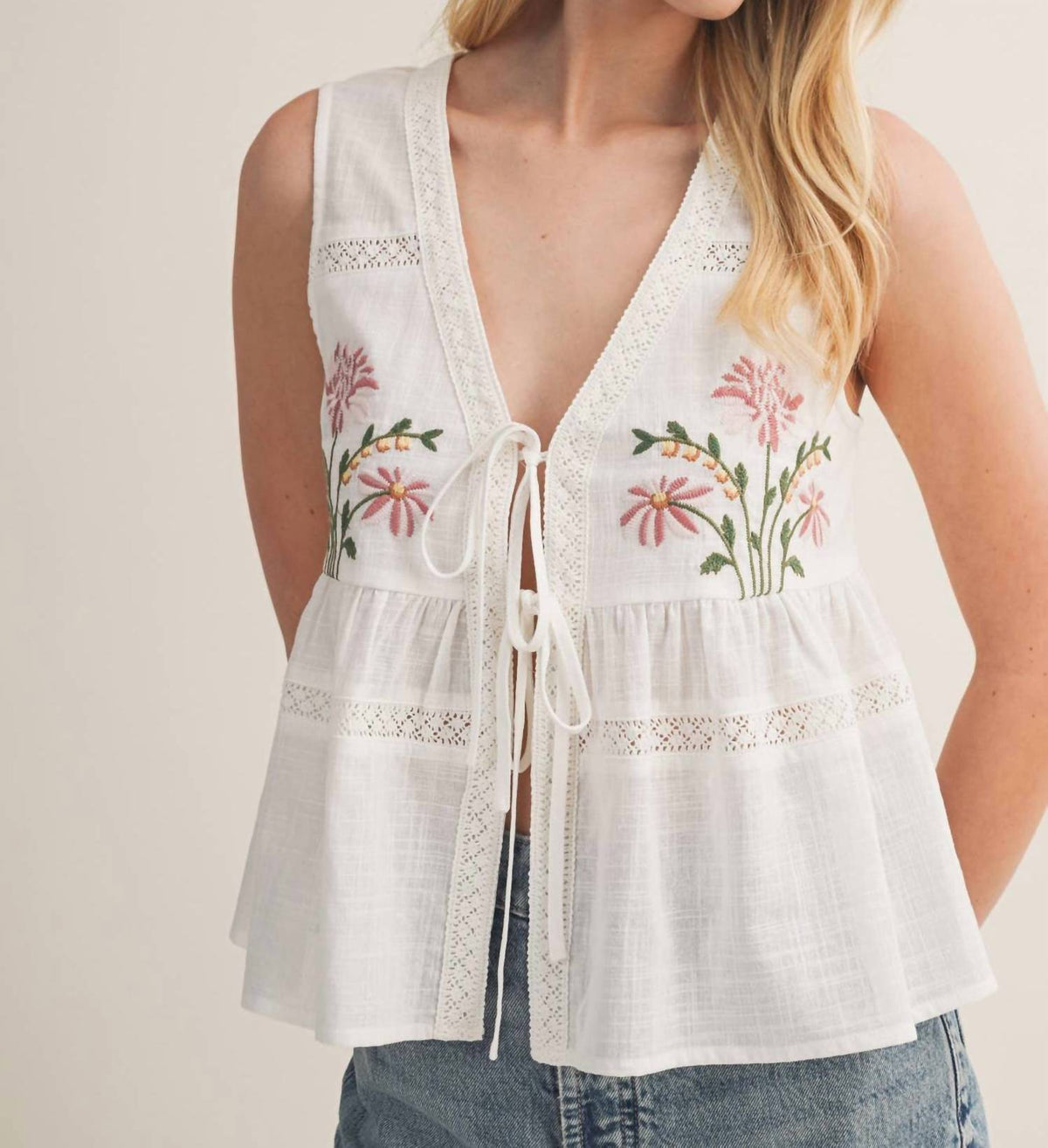 Mustard Seed - Floral Embroidered Linen Vest