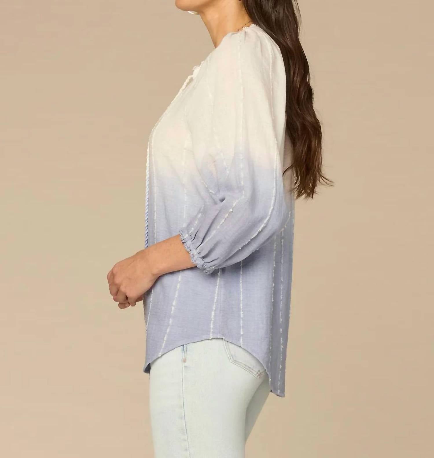 Democracy - Three Quarter Blouson Sleeve Split Neck Ombre Woven Top with Tie