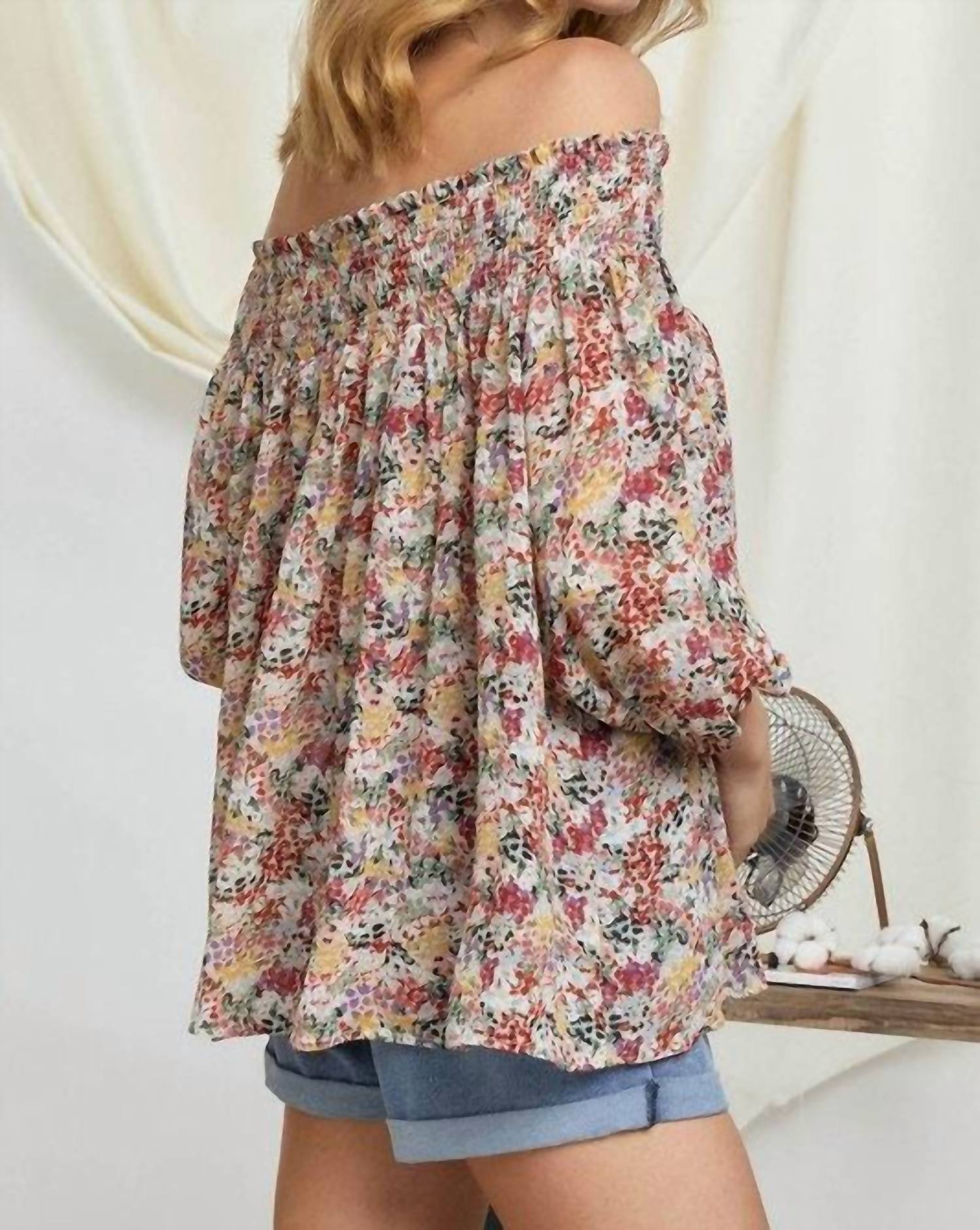 Davi & Dani - Floral Smocked Off Shoulder Top