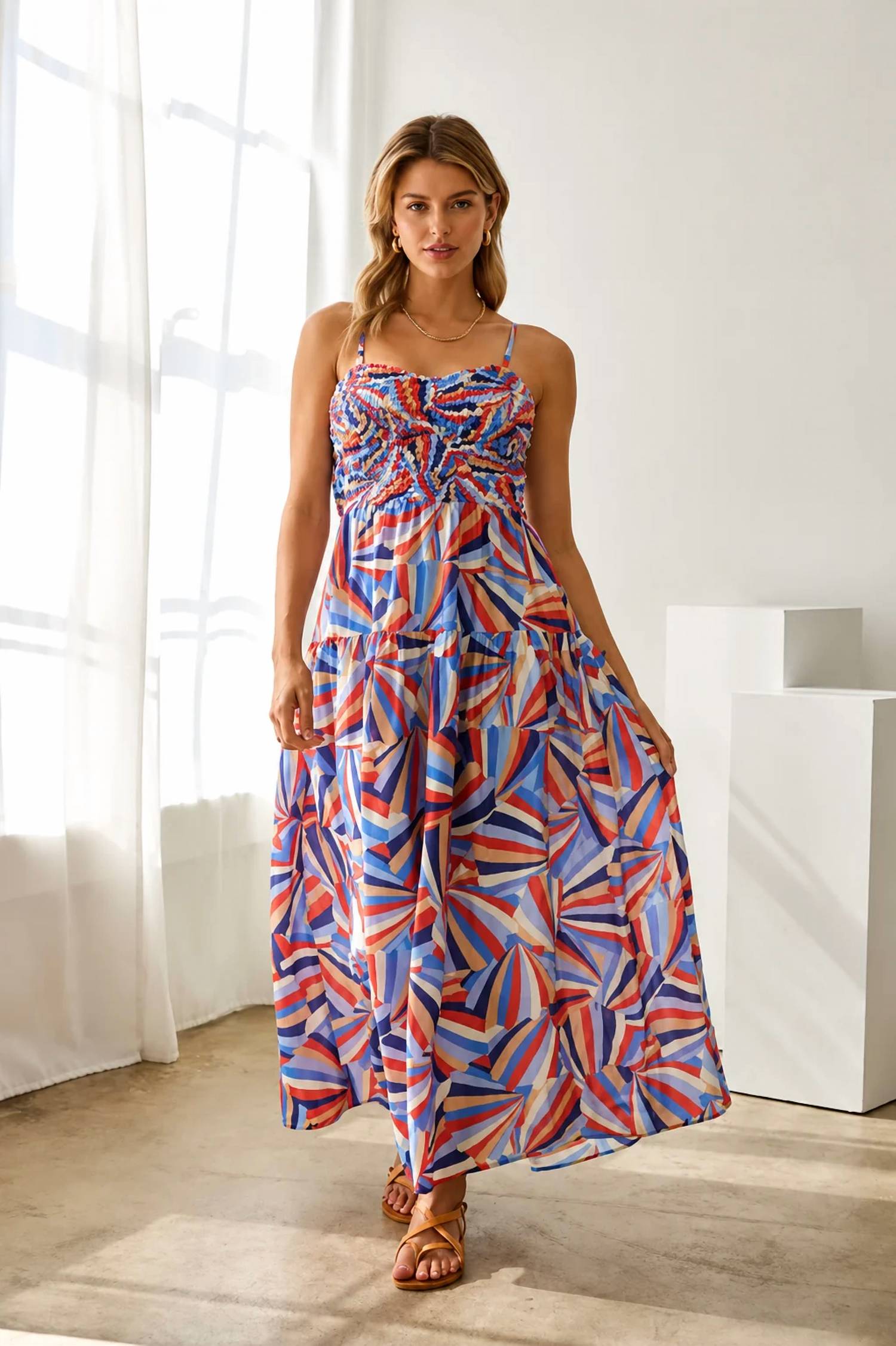 Skies Are Blue - Printed Tiered Midi Dress