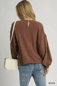 umgee Linen Long Sleeve Top With Drawstring in mocha - women's long sleeve top - detail view