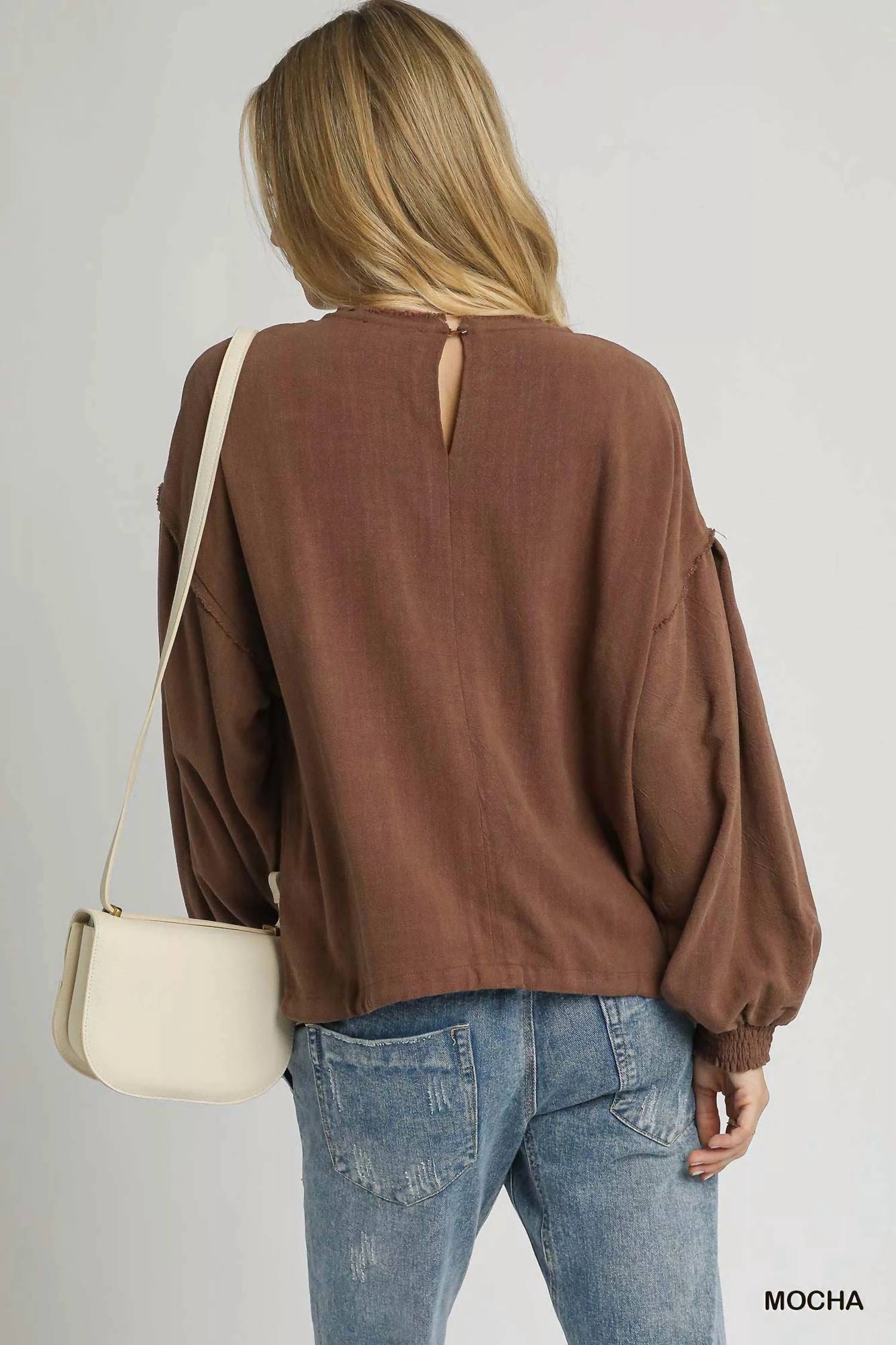 umgee Linen Long Sleeve Top With Drawstring in mocha - women's long sleeve top - detail view