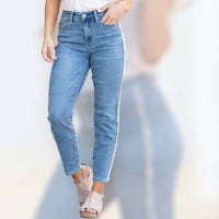 Judy Blue High Waist Slim Fit Fray Side Seam Detail Jeans in blue - women's jeans - detail view