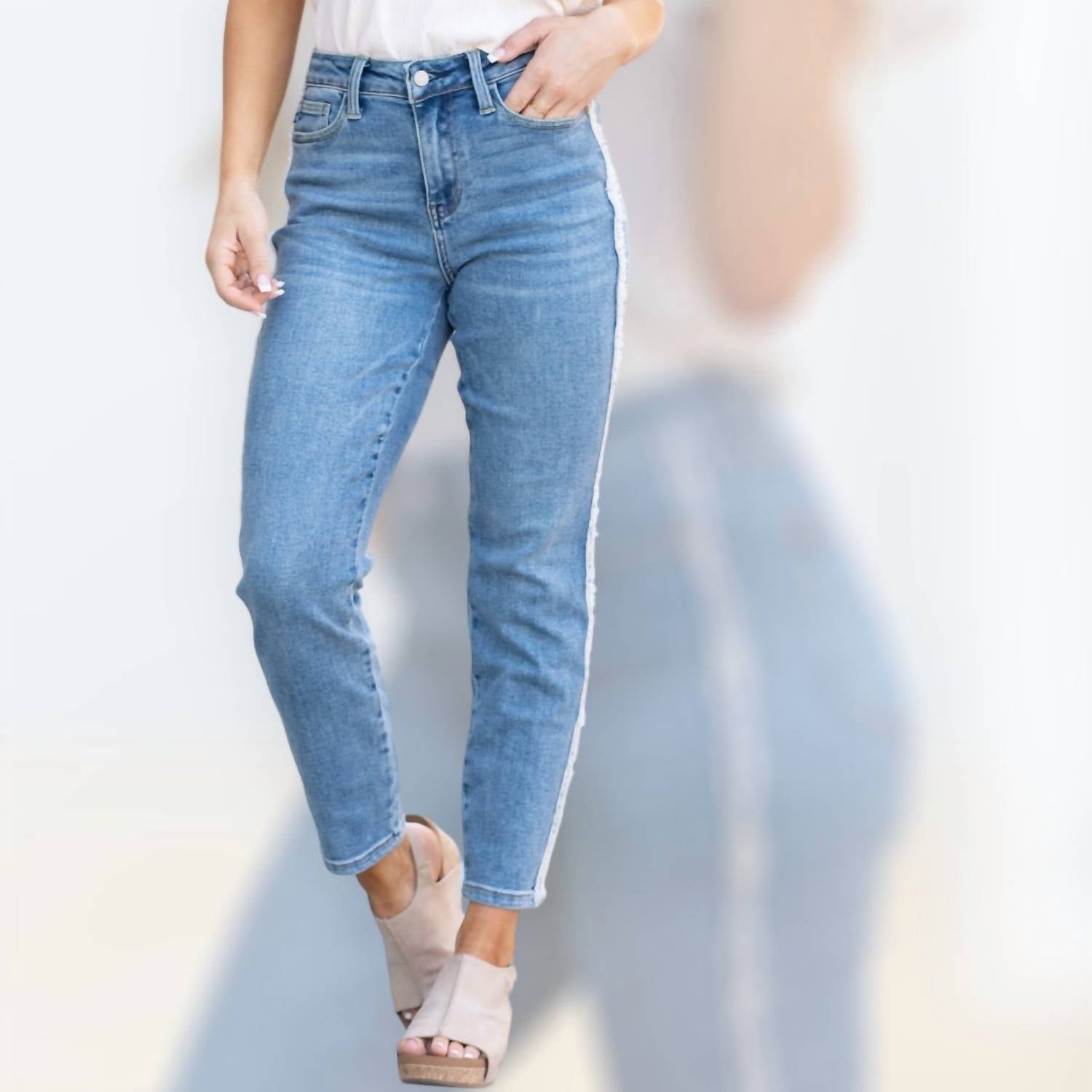 Judy Blue High Waist Slim Fit Fray Side Seam Detail Jeans in blue - women's jeans - detail view