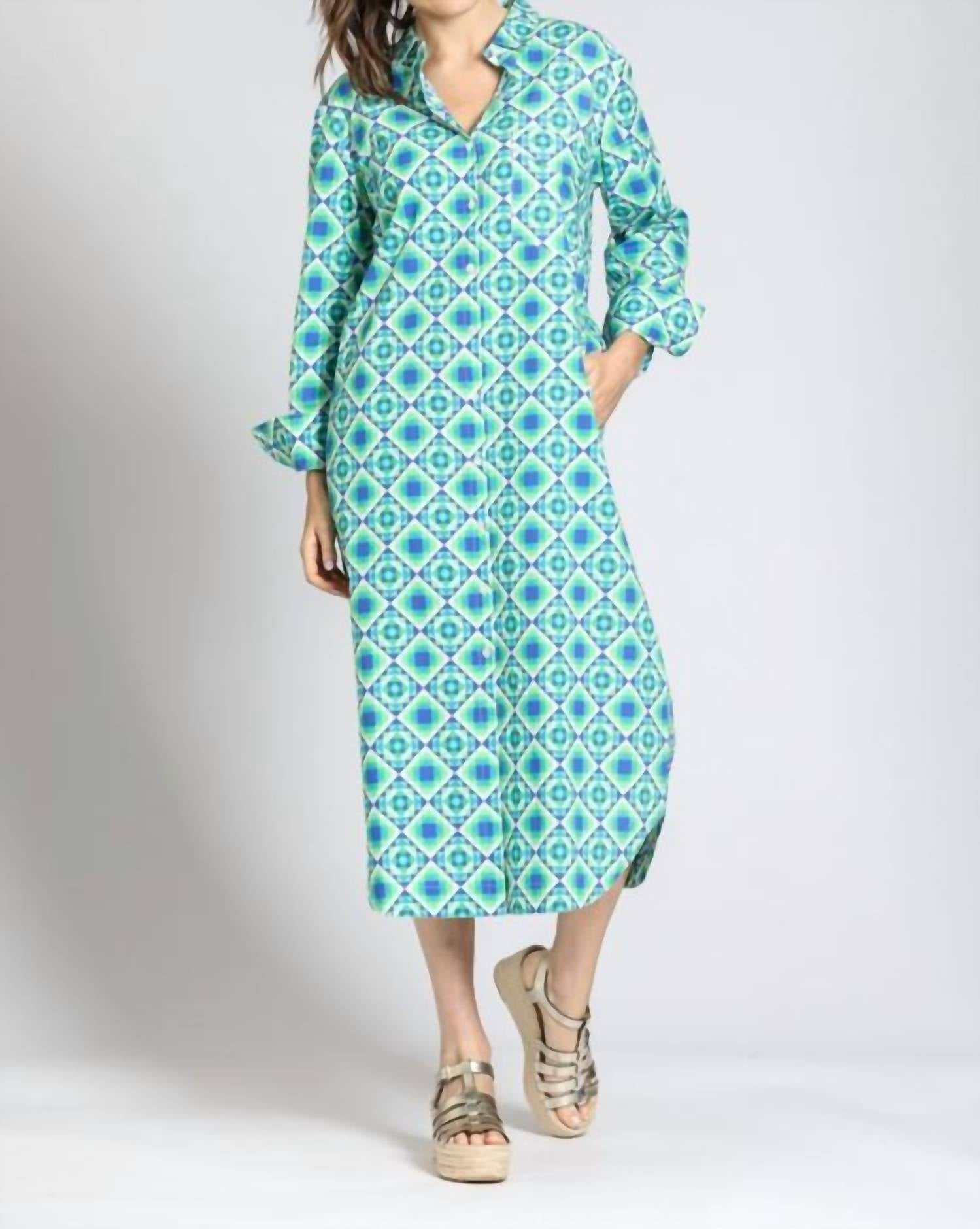 APNY Printed Shirt Dress in blue multi - women's dress