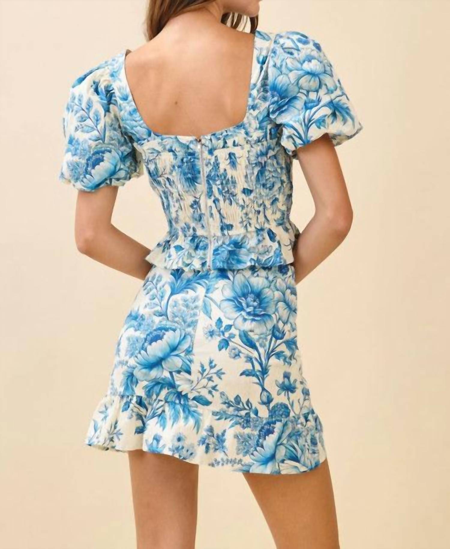 Pretty Follies Floral Print Smocked Bodice Puff Sleeves Top And Skirt Set in azul - women's skirt - alternate view