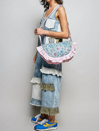 Pol - Half Moon Quilted Floral Ruffle Crossbody Bag