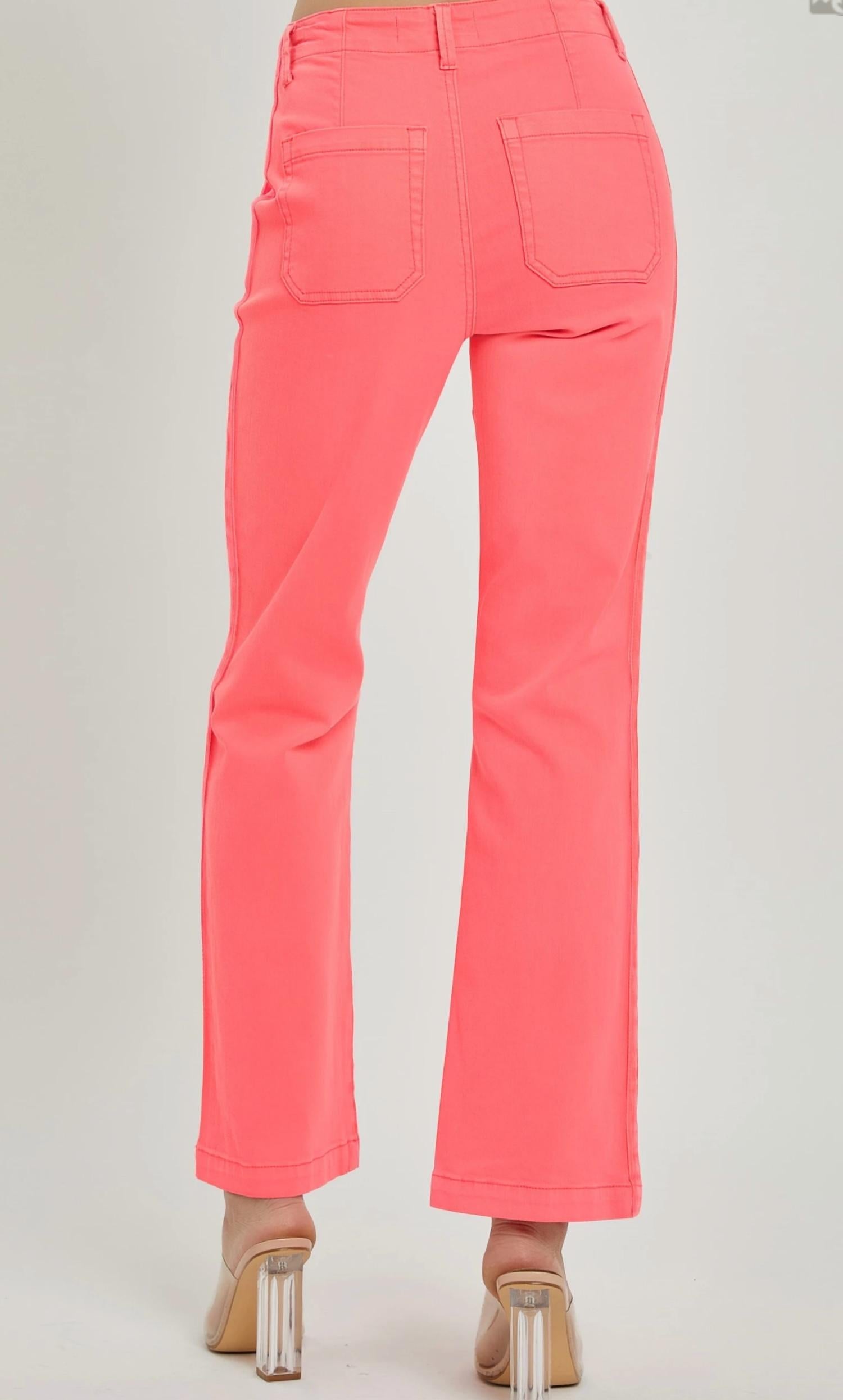 RISEN Women's High Rise Ankle Twill Pants in coral pink - women's pants - detail view