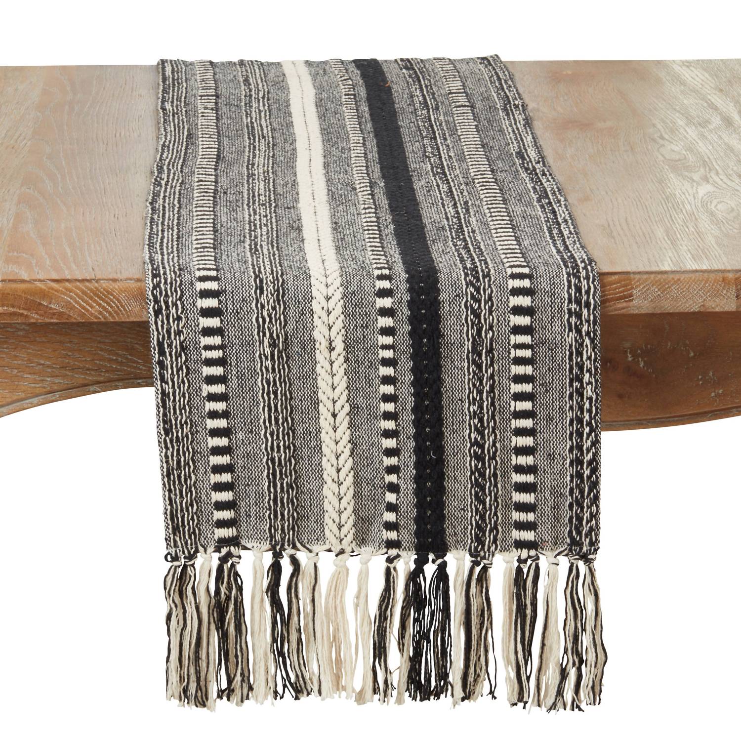 Saro Lifestyle - 14"x72" Fringe Detail Braided Stripe Table Runner