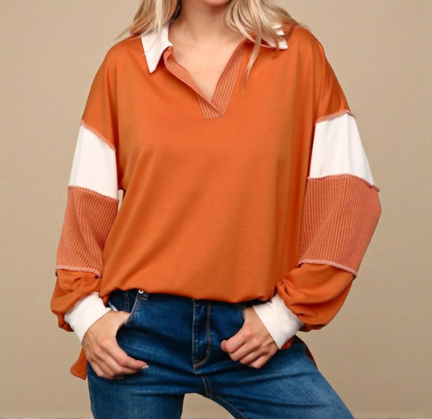 Haptics - V Neck Color Block Long Sleeve Top