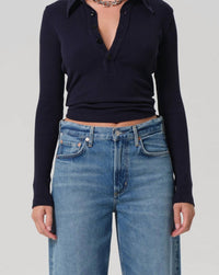 Citizens of Humanity Long Sleeve 60's Polo Top in navy - women's long sleeve top