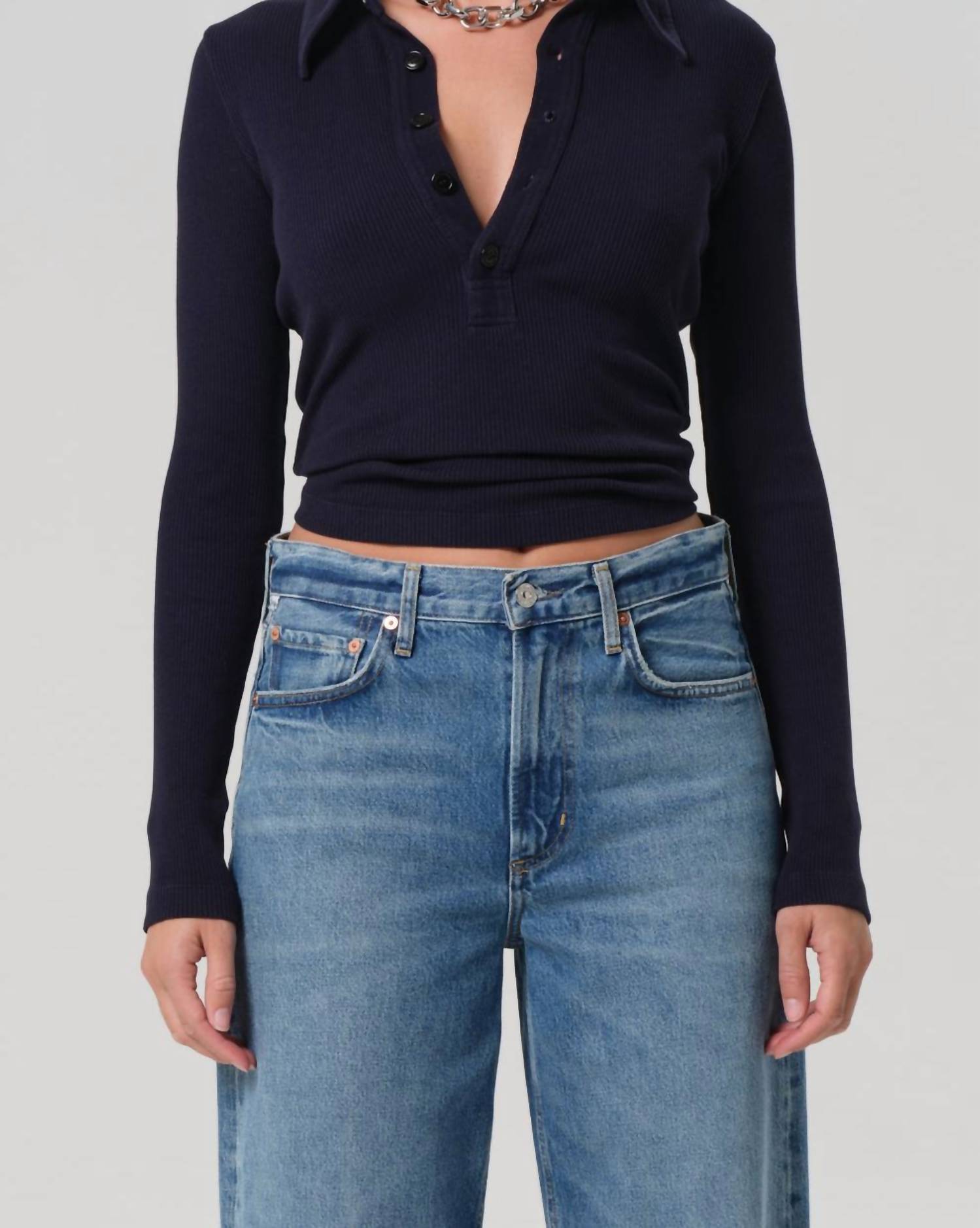 Citizens of Humanity Long Sleeve 60's Polo Top in navy - women's long sleeve top