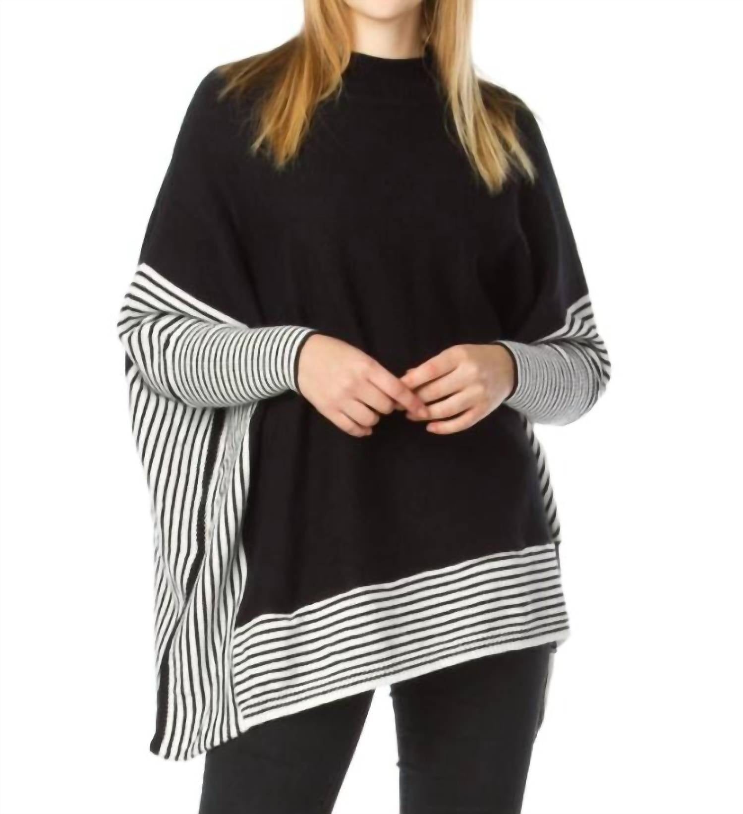 Papillon - Knit Sleeved Poncho With Stripe Contrast Border