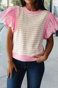 66Disco - Stripe Ruffled Short Sleeve Patchwork Blouse
