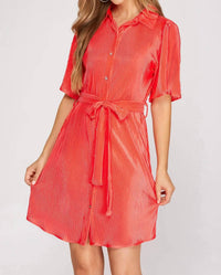 SHE + SKY Half Sleeve Plisse Woven Button Down Dress With Waist Sash in coral - women's dress