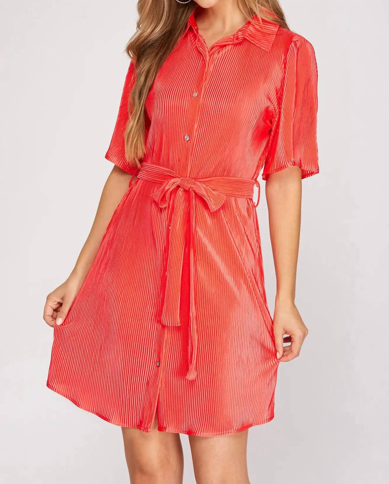 SHE + SKY Half Sleeve Plisse Woven Button Down Dress With Waist Sash in coral - women's dress