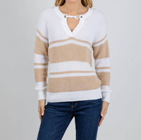 Autumn Cashmere Shaker Stripe Sweater With Crochet Chain Detail in bleach white latte - women's sweater
