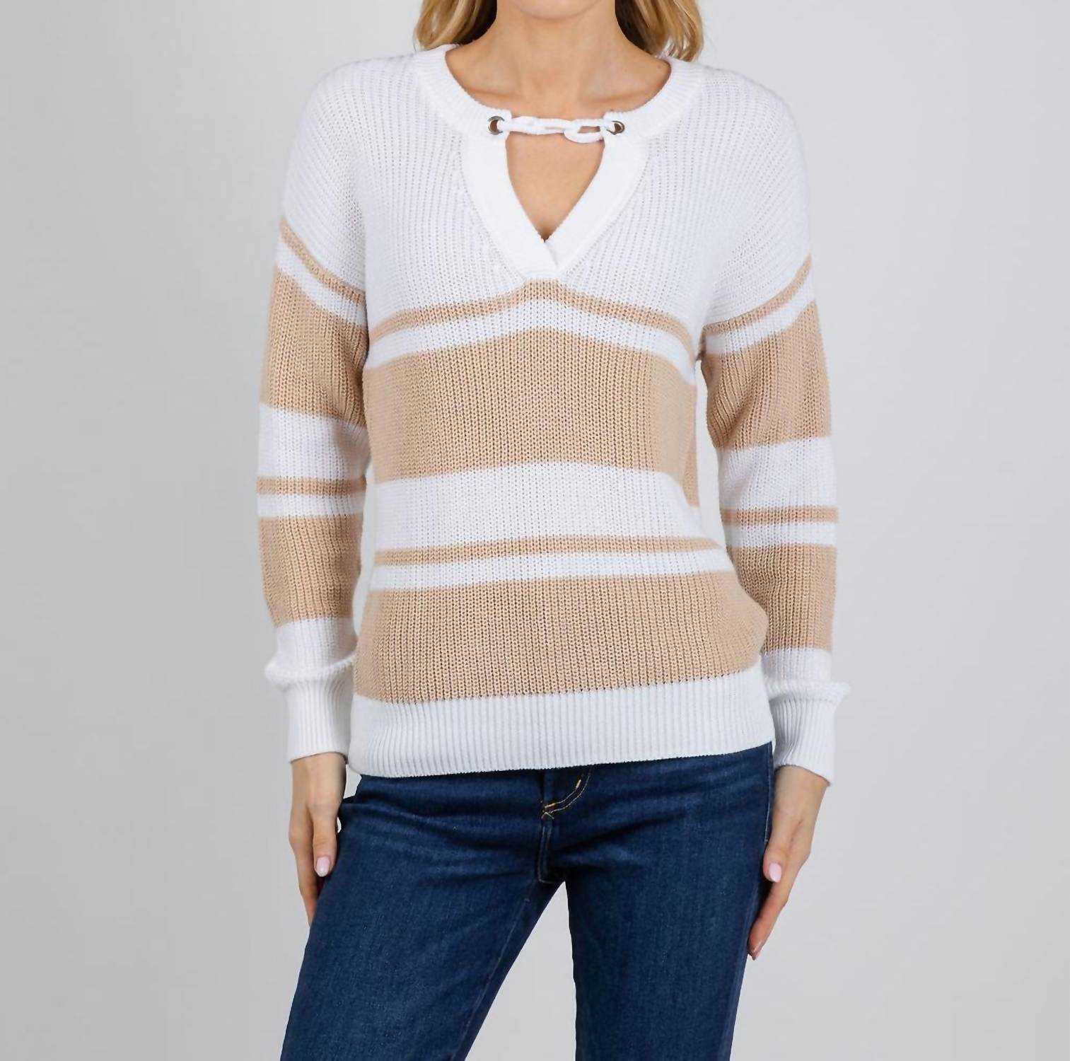 Autumn Cashmere Shaker Stripe Sweater With Crochet Chain Detail in bleach white latte - women's sweater