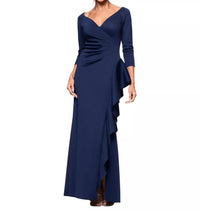 Xscape V-neck Ruffled Side-slit Scuba Gown in navy - women's dress