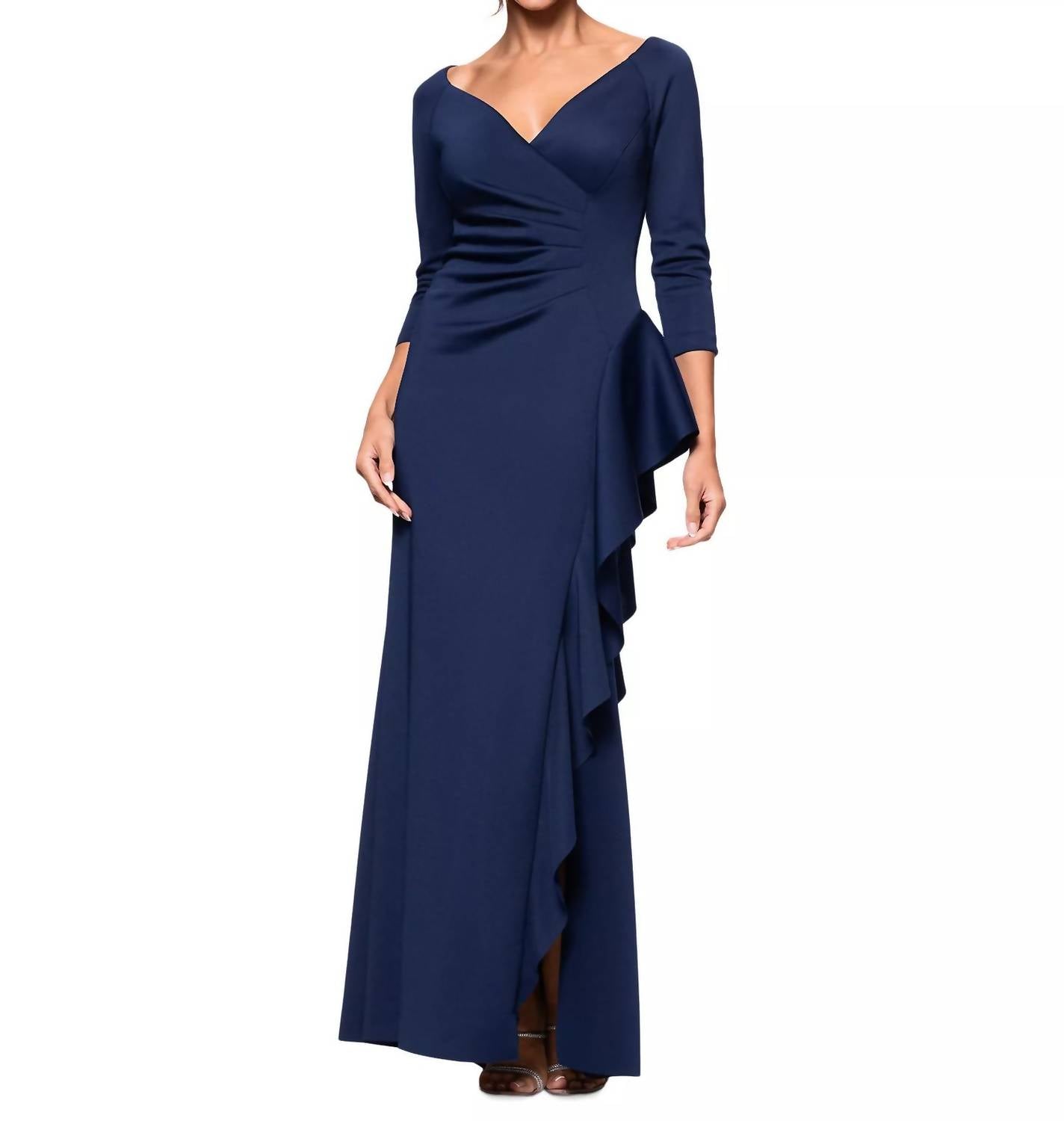 Xscape V-neck Ruffled Side-slit Scuba Gown in navy - women's dress