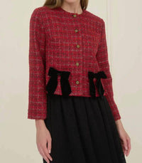 Moon River - Plaid Tweed Velvet Bow Jacket