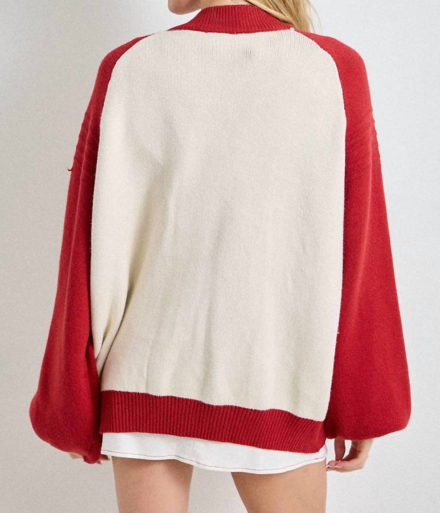 Baevely by Wellmade Cutie Patch Zip-Up Knit Sweater in cream red - women's cardigan - detail view