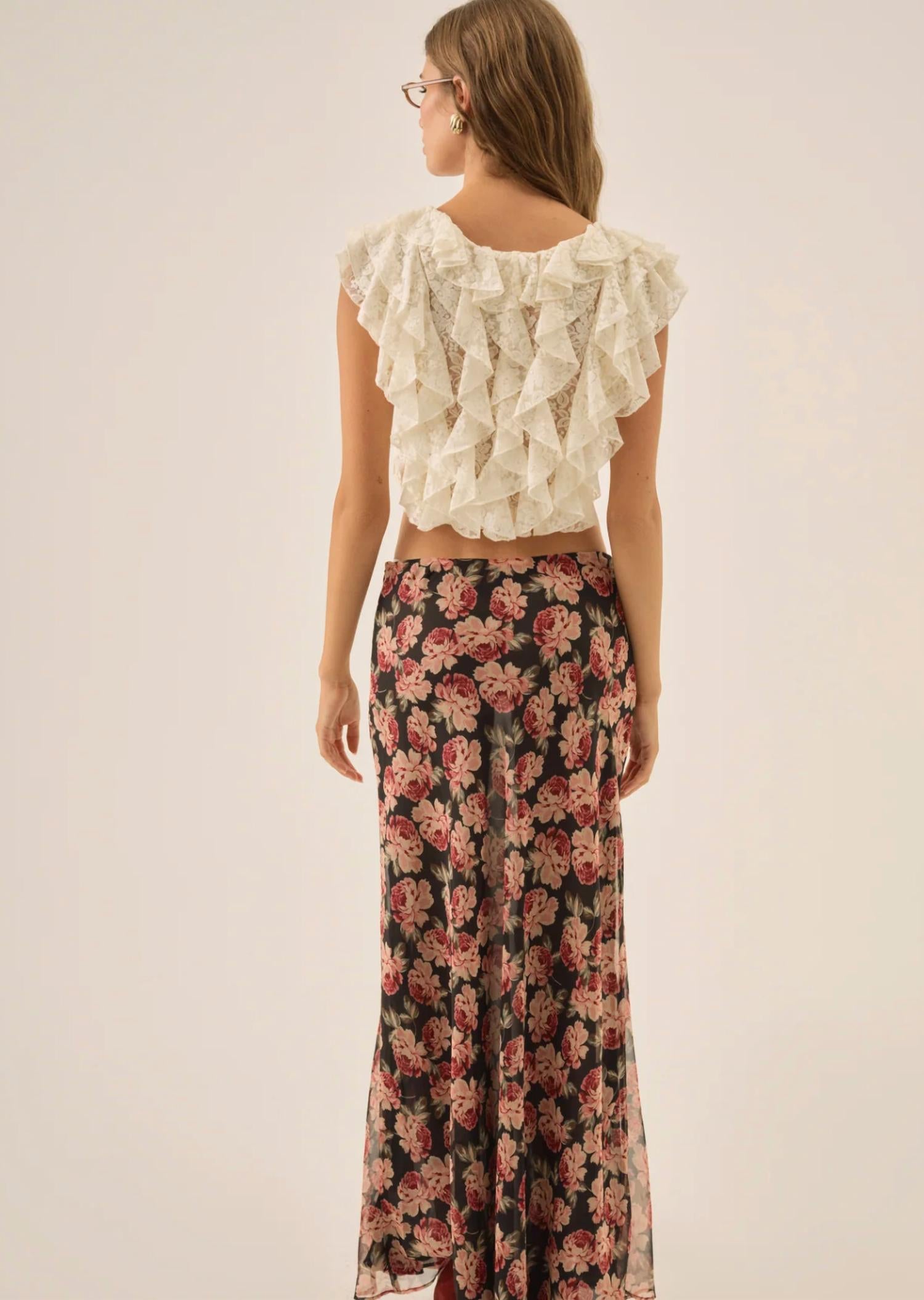 for Love & Lemons Belmond Floral Maxi Skirt in black - women's skirt - detail view